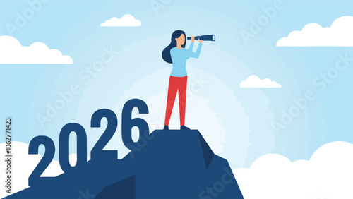 Woman on mountain looking through telescope at future 2026 vision