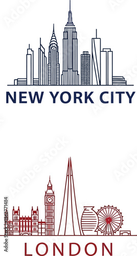 New york city and london skyline outline art