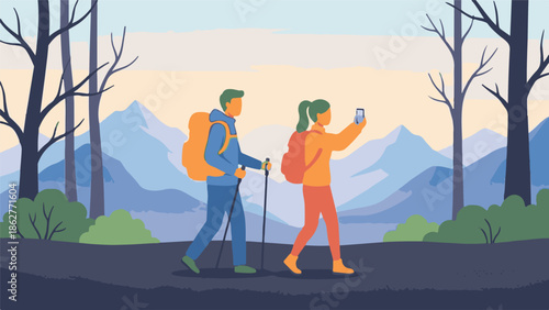 Couple hiking in mountain landscape, man with trekking poles, woman taking photo with smartphone