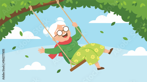 Happy senior woman with glasses joyfully swinging on a tree swing outdoors