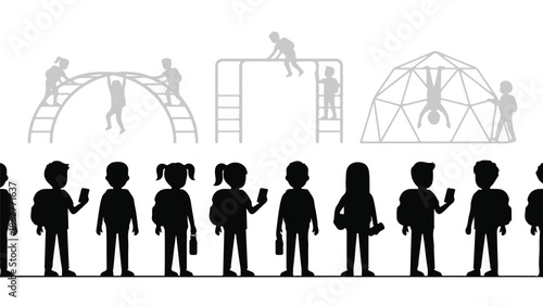 Children playing on playground vs. youth engrossed in mobile phones