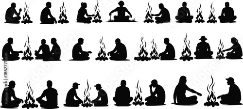 Campfire people silhouettes collection, men and women sitting around fire, outdoor camping, survival lifestyle, black vector icons