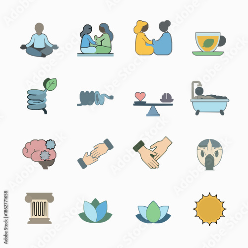 Mental Health Flat Vector Icons Set for Wellness and Psychology