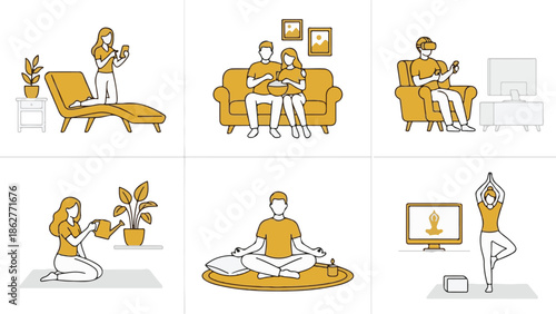 People enjoying leisure, hobbies, and wellness activities at home