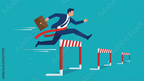 Businessman jumping over hurdles, representing challenges and success in career