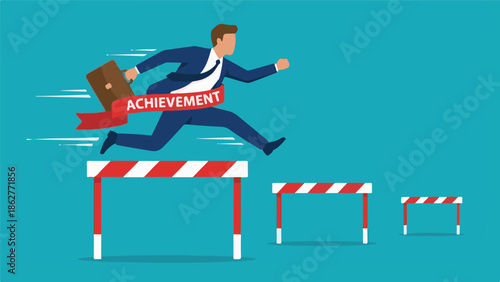 Businessman jumping over hurdles with an achievement banner, symbolizing success.