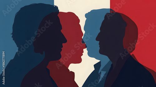 Abstract silhouettes of men facing each other in red and blue patriotic colors, concept for political debate or public opinion