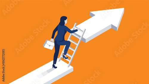 Businesswoman climbing ladder to reach career success and growth