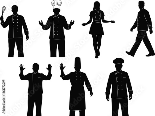 Chef silhouette collection, professional cooks and restaurant staff poses, culinary uniform figures, black vector people icons, food service illustration set