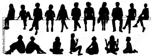 Men, women and teenagers sitting on a bench, vector silhouettes, group of business people, black color on white background