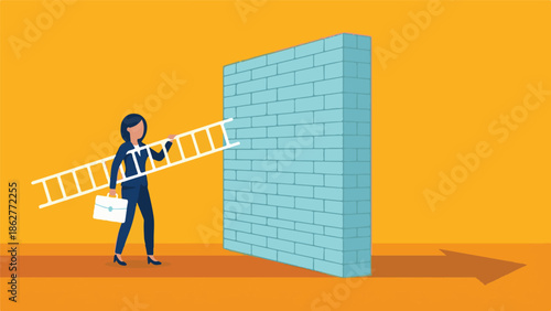 Concept of a businesswoman using a ladder to overcome career challenges
