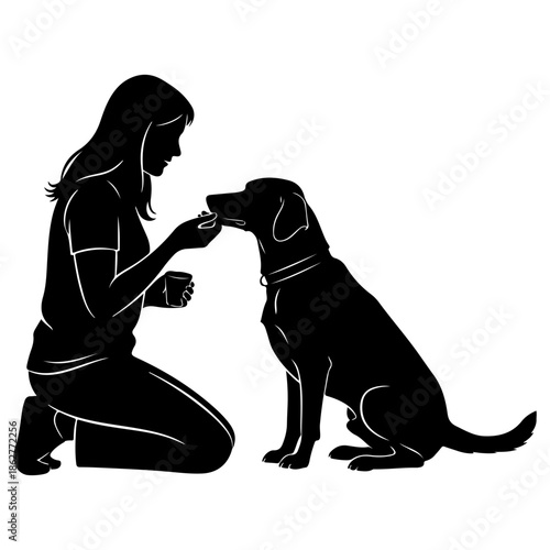 Woman training her dog by giving it a treat Vector