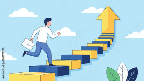 Ambitious businessman running up a staircase towards a golden arrow for success
