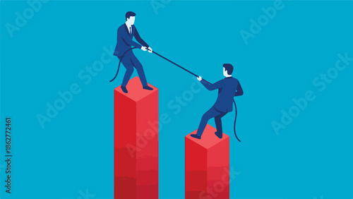 Two businessmen engage in a tug-of-war on financial bar graphs