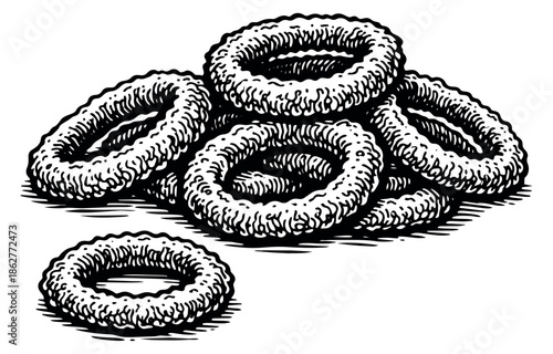 Hand drawn onion ring set featuring a pile of crispy rings for a fast food menu