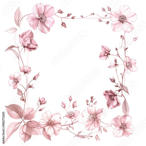 Elegant Pink Floral Botanical Border Illustration on Transparent Background