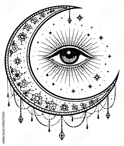 Mystical hand drawn illustration of a crescent moon with an all seeing eye depicting celestial and spiritual elements for esoteric design