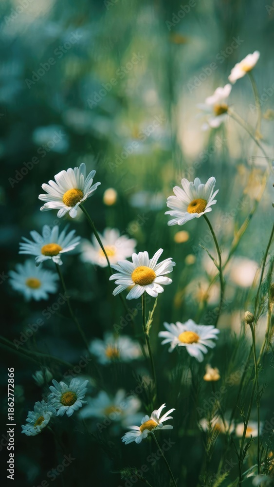 Fototapeta premium White daisies with yellow centers sway in a sunlit meadow. Concept Sunlit Meadow, White Daisies, Yellow-Centered Blooms, Swaying Flowers, Natural Light Photography
