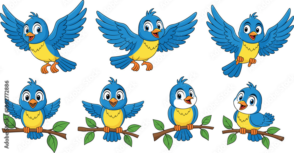 Obraz premium Large Collection of Seven Cute Cartoon Blue Bird Characters, Happy Songbirds Flying and Perched on Branches Mascot Vector Illustration Set.