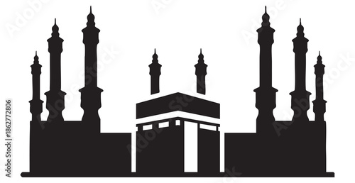Black silhouette of Kaaba and minarets against white background mecca islam