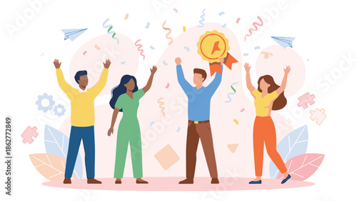 Diverse business team celebrating achievement and success with a gold award