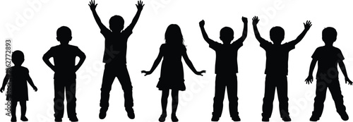 Children, silhouettes, kids, standing, jumping, happiness, joy, playful, childhood, group, activity, fun, energy, family, youth, human, figures, black, illustration, set
