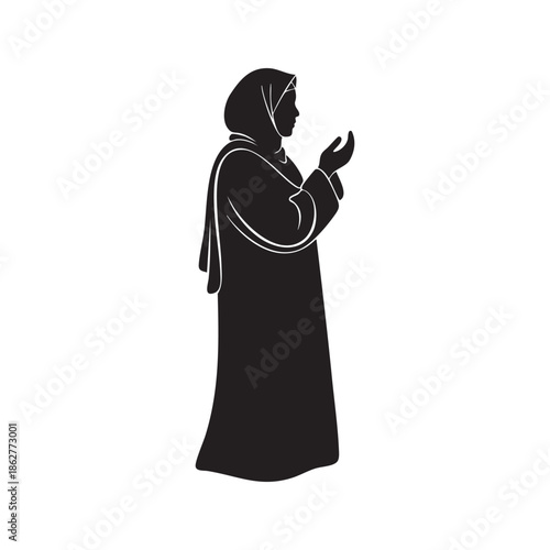 Black silhouette of a woman wearing a hijab praying with hands raised prayer