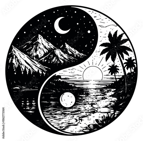Hand drawn line art illustration of yin yang symbol depicting day and night landscapes for spiritual balance concepts