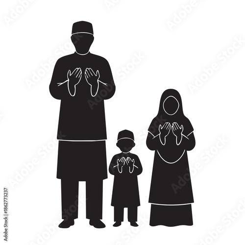 Black silhouette of Muslim family praying together on white background prayer islam