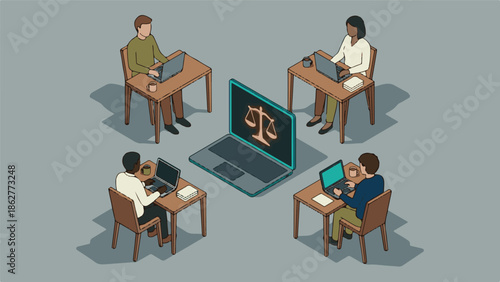 Legal professionals working remotely with a central digital justice concept