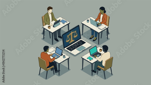 Digital legal team collaboration, isometric with scales of justice symbol