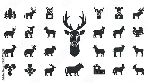 Collection of farm and wild animals in simple black silhouette style