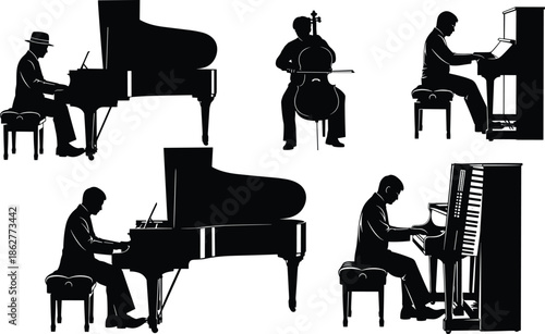 Classical musicians silhouettes playing piano and cello, elegant instrumental performance scenes, concert rehearsal and music education concept, isolated black illustration