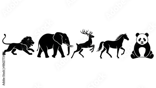 Black silhouettes of lion, elephant, deer, horse, and panda on white