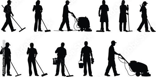 Cleaning service worker silhouettes set, professional janitors using equipment, floor maintenance activities, housekeeping staff black figures isolated