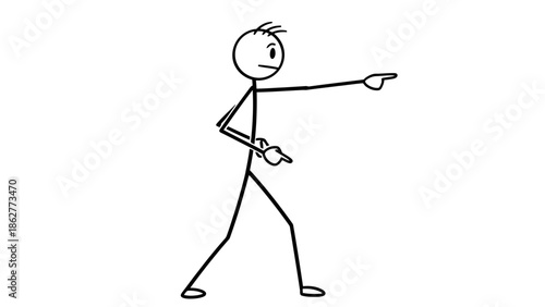 Stick Figure Character Pointing Finger Forward or Right on Isolated White Background