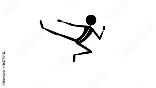 Dynamic Solid Stick Figure Man Kicking in a Martial Arts Pose on Isolated White Background