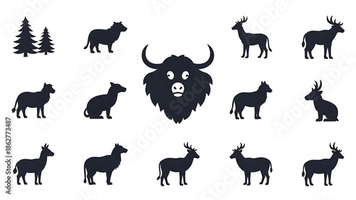 Black silhouettes of various wild and domesticated animals and trees