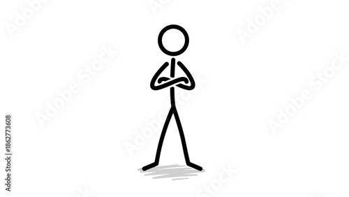 Confident Stick Figure Man Standing with Arms Crossed on Isolated White Background