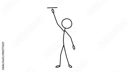 Stick Figure Man Raising Arm Upwards Holding an Invisible Object on Isolated White Background