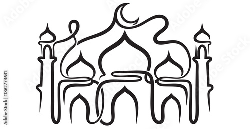 Black abstract calligraphy art of a mosque with domes and minarets islam
