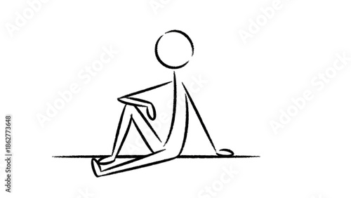 Stick Figure Sitting on Ground with Folded Legs, Resting and Contemplating on Isolated White Background