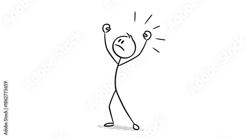 Frustrated stick figure character with arms raised in anger or despair, expressing strong negative emotions and stress, isolated white background.
