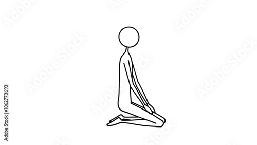 Calm stick figure character kneeling in a meditative or submissive posture, depicting deep contemplation and humility, isolated white background.
