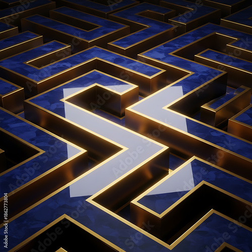 Wallpaper Mural abstract maze path with golden borders and blue marble walls representing strategic planning and complex decision making for business solutions Torontodigital.ca