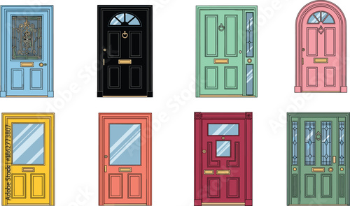 Colorful front doors collection, modern and vintage house entrances, decorative wooden doors, architectural facades, flat vector illustration set