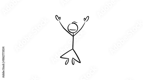 Joyful stick figure character jumping happily with arms forming a heart shape, expressing love and happiness, isolated white background.