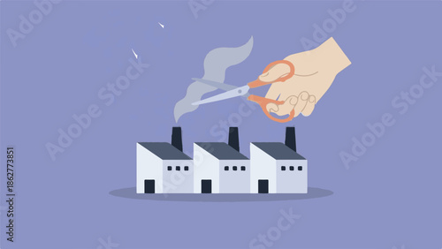 Environmental protection concept with hand cutting smoke from factory chimneys