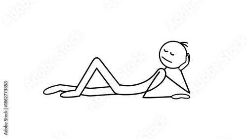 Relaxed Stick Figure Character Lying on Back, Resting or Sleeping Peacefully, Isolated White Background.