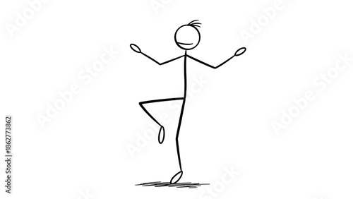 Cheerful stick figure character dancing and balancing on one leg, arms outstretched in a playful mood, isolated white background.